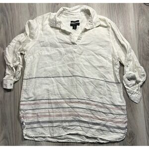Tahari 1X Linen Stripe Collared V-Neck Roll-Tab Sleeve Shirt Top Womens tunic